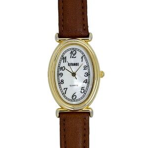Gitanoe Quartz Ladies Oval Genuine Leather Brown Wrist Watch Swiss Quartz